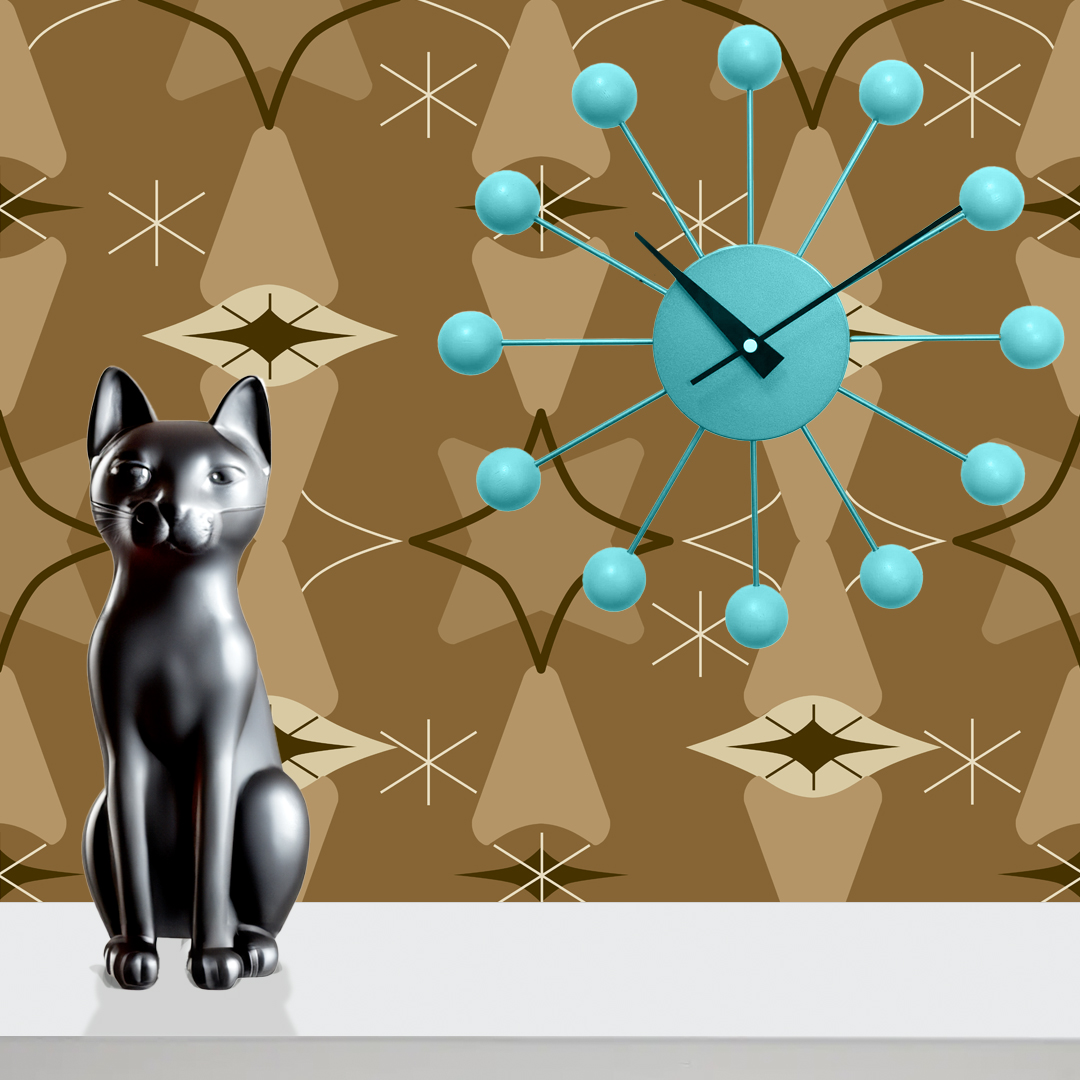 The artwork features a repeating geometric pattern of symmetrical shapes resembling elongated, curved diamonds or petals in various shades of blue and green. Each shape is split vertically with one half filled with a light blue and the other half filled with green or darker blue. The background is a light, almost pastel blue, which provides a soft yet vibrant backdrop. One of the blue shapes near the upper left contains a white starburst element, adding a focal point of brightness to the composition. The overall design conveys a modern, mid-century aesthetic with clean lines and harmonious color contrasts.